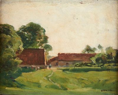 une image représentant un tableau d'une ferme avec une grange en arrière-plan