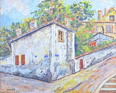 painting of a painting of a street scene with a building and stairs