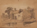 an old drawing of a house near a body of water with trees in the background