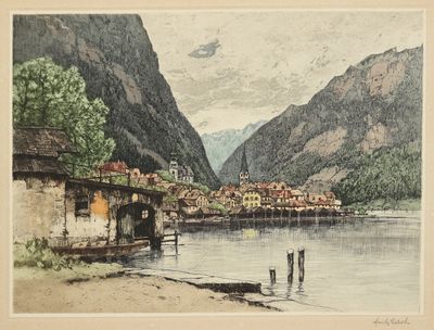 une aquarelle représentant un village au bord d'un lac