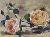 une peinture à l'huile représentant deux roses posées l'une à côté de l'autre sur une table