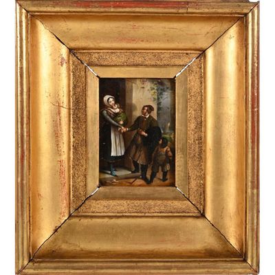 un vieux tableau représentant un homme et une femme debout devant un enfant