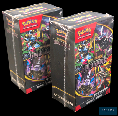 On voit deux boîtes de cartes à collectionner Pokémon sur un fond noir.