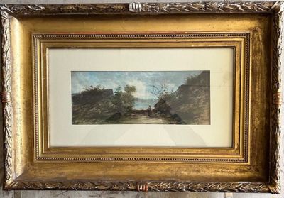 framed picture of a painting of a man and a dog in a wooded setting