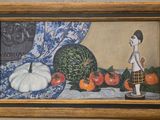 un tableau représentant une femme debout à côté d'un bol de fruits