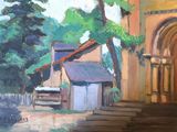 a painting of a street with a church in the background