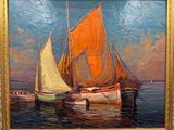 a painting of a sailboat in the water with orange sails