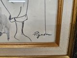 drawing of a man with a hat and a cane in a gold frame