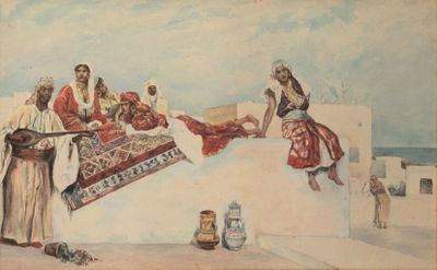 painting of a group of people sitting on top of a white building