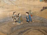 a painting of people walking across a bridge in the water