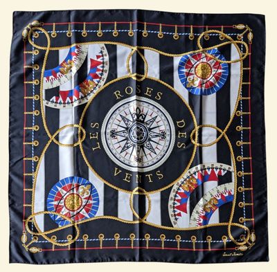 a close up of a square scarf with a compass on it