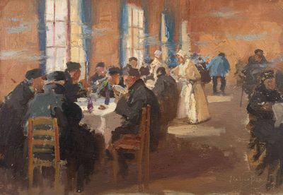 a painting of a group of people sitting around a table