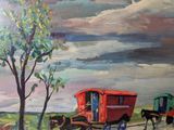 painting of a horse drawn carriage on a country road with a horse and buggy in the foreground
