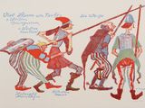 dessin représentant un groupe d'hommes à cheval, avec un drapeau en arrière-plan