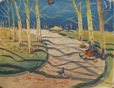 un tableau représentant deux personnes assises sur un sentier dans les bois