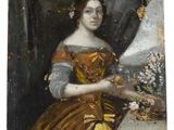 un vieux tableau représentant une femme en robe jaune tenant un oiseau