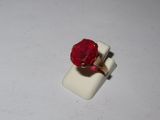 a ring with a red stone on it on a white surface