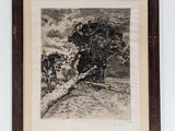an old black and white drawing of a tree in a field