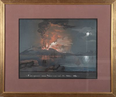 tableau encadré représentant un navire en feu au milieu de l'océan
