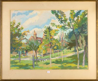 painting of a house in a park with trees and a bench