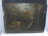peinture représentant un paysage avec une maison et un ruisseau au premier plan