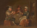 tableau représentant un groupe de personnes assises autour d'une table en train de jouer aux cartes
