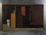 un tableau représentant un vase et une tasse posés sur une table