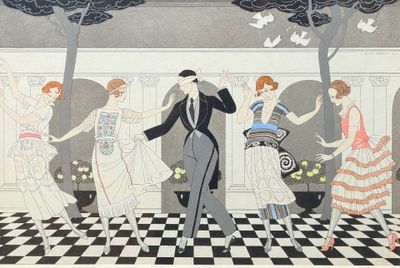tableau représentant un groupe de personnes dansant dans une pièce dont le sol est à carreaux noirs et blancs