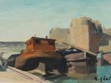 painting of a painting of a boat in a harbor with a castle in the background
