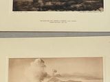 two old black and white photographs of a volcano and a mountain