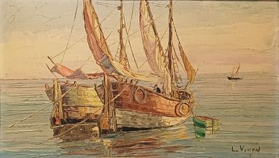 une peinture représentant un bateau dans l'eau avec d'autres bateaux à l'arrière-plan