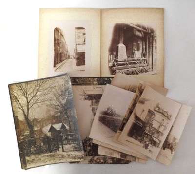 several old black and white photographs of a building and a tree
