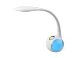 un gros plan d'une lampe blanche dont la lumière est bleue