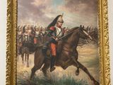 a painting of a man riding a horse in a field