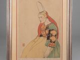 un tableau représentant une femme vêtue d'une robe verte et d'un chapeau rouge
