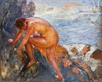 une image représentant un homme nu assis sur un rocher au bord de la mer
