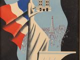 une vieille affiche représentant une femme tenant un drapeau devant un bâtiment