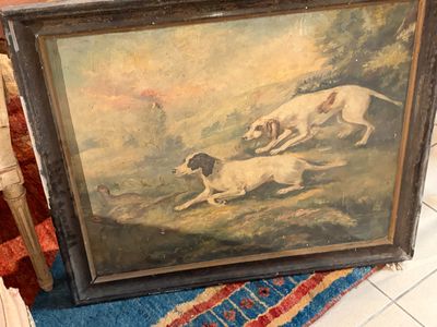 une photo d'un tableau représentant deux chiens sur un tapis