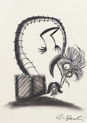 cartoon drawing of a man and a woman in front of a giant snake