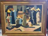 une image d'une peinture représentant un groupe de personnes devant un bâtiment