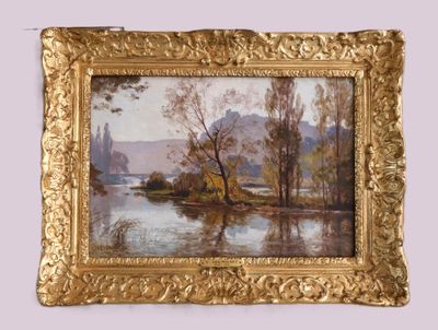 an image of a painting of a river with trees in the background
