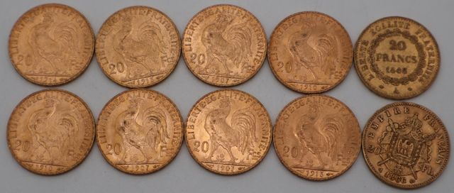 Dix pièces de monnaie en or à valeur faciale de vingt francs (dif...