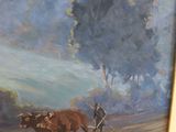 a painting of a man plowing a field with two oxen