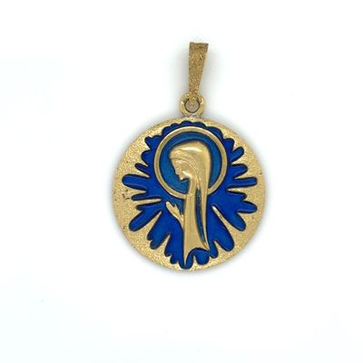 gold plated pendant with a blue and white design of a woman ' s face