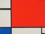 a painting of red, blue, yellow and black squares on a white background