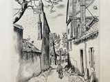 dessin représentant un homme promenant son chien dans une rue d'un village