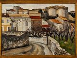 une image représentant une peinture d'une rue avec des bâtiments en arrière-plan