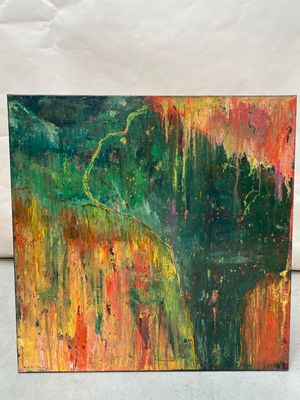 une peinture représentant une œuvre verte et rouge sur un fond blanc