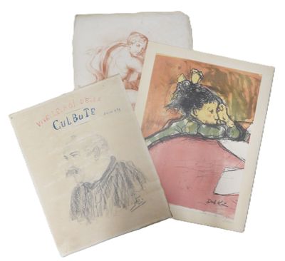 three drawings of a woman sitting on a chair and a drawing of a man