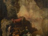 an oil painting on canvas of a group of people in a cave